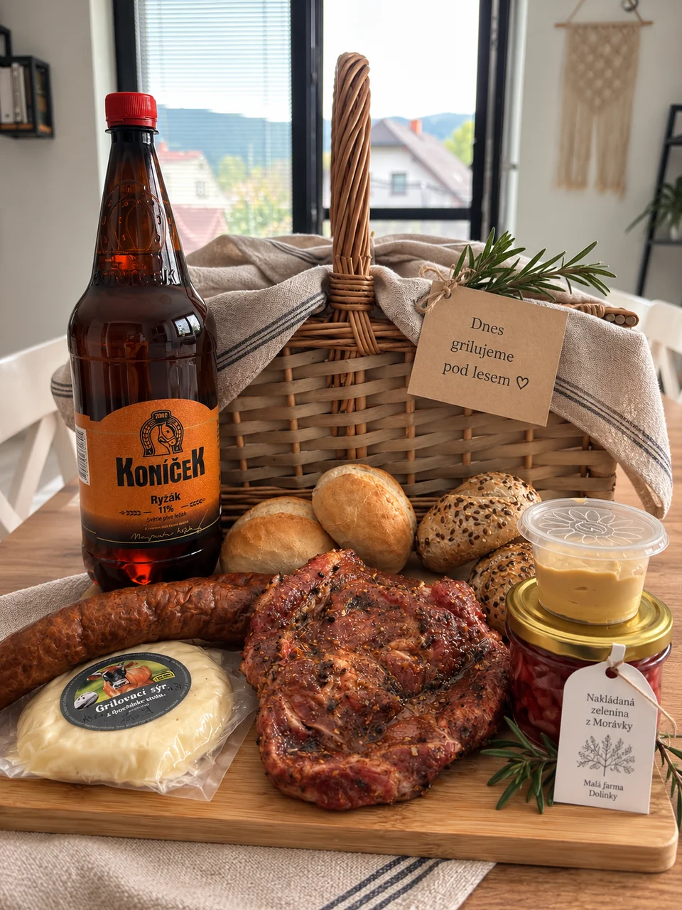 Grilovací balíček s masem, klobásou, sýrem a pečivem; pivo je za příplatek